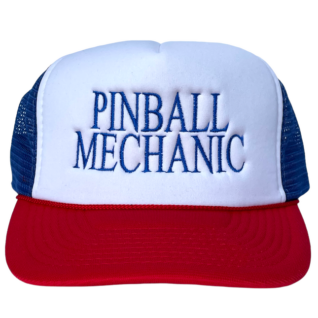 Pinball Mechanic BLUE Mesh WHITE Crown RED Brim Trucker Snapback Cap Hat Custom Embroidery