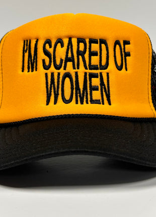 IM SCARED OF WOMEN Yellow Foam Black Mesh Trucker SnapBack Cap Hat Custom Embroidered