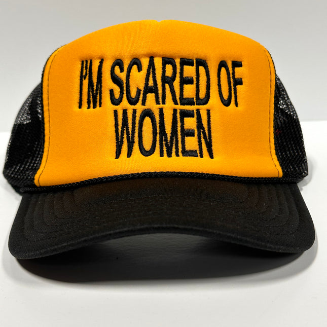 IM SCARED OF WOMEN Yellow Foam Black Mesh Trucker SnapBack Cap Hat Custom Embroidered
