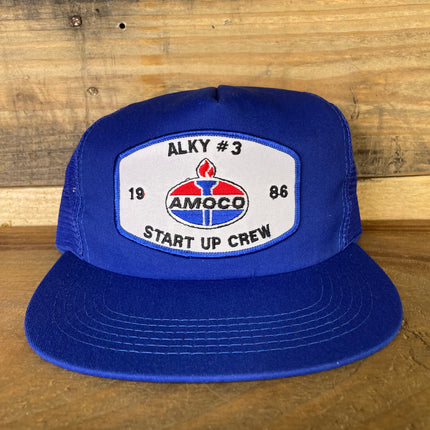 Custom Amoco Start Up Crew Gasoline Vintage Blue Mesh Trucker SnapBack Hat Cap Made in USA