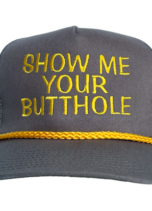 Show Me Your Butthole Army Green Mesh Rope Snapback Trucker Cap Hat Humor Custom Embroidery