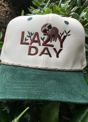 National LAZY DAY Vintage Green Suede Brim Snapback Cap Hat With Rope Custom Embroidered
