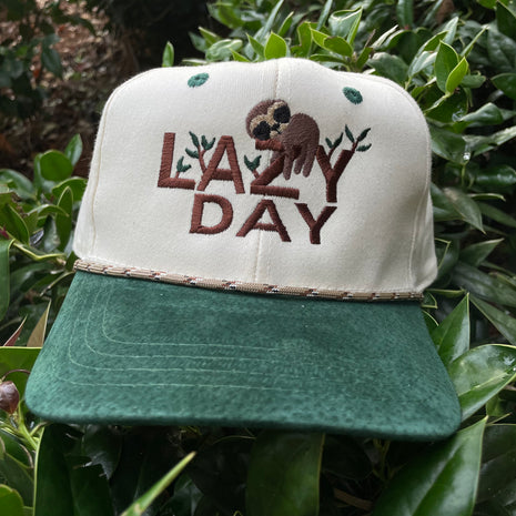 National LAZY DAY Vintage Green Suede Brim Snapback Cap Hat With Rope Custom Embroidered