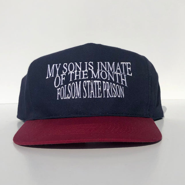 My Son Is Inmate of the Month Folsom State Prison Vintage Maroon Mid to High Crown Navy Brim Strapback Hat Cap Custom Embroidery