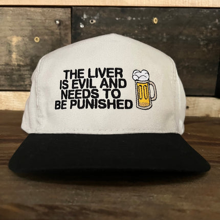 The Liver Is Evil And Needs To Be Punished Vintage Tan Crown BLACK Brim Strapback Hat Cap Custom Embroidery