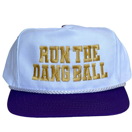 RUN THE DANG BALL Gold and Purple on a Vintage Rope Snapback Cap Hat Custom Embroidered