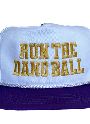 RUN THE DANG BALL Gold and Purple on a Vintage Rope Snapback Cap Hat Custom Embroidered