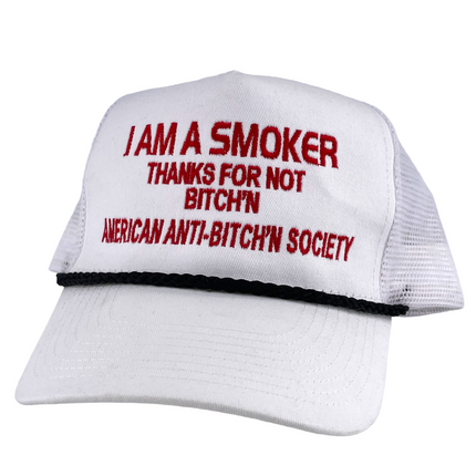 I AM A SMOKER THANKS FOR NOT BITCH'N Vintage White Mesh Trucker Snapback Cap Hat Funny Custom Embroider