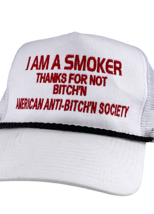 I AM A SMOKER THANKS FOR NOT BITCH'N Vintage White Mesh Trucker Snapback Cap Hat Funny Custom Embroider