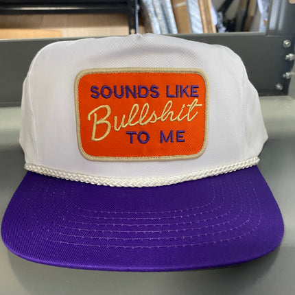 Custom Sounds Like BS to me Vintage White Crown Is Purple Brim Snapback Hat Cap with Rope