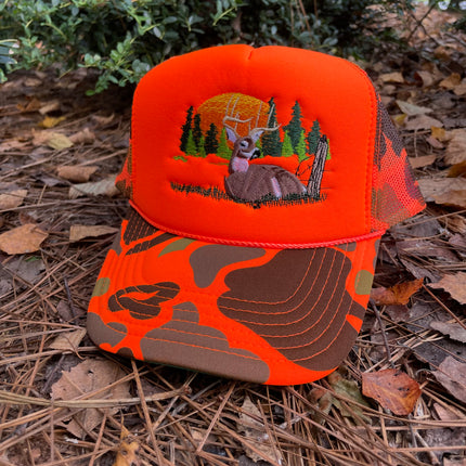 Deer Hunting Season Orange Camo Mesh Trucker Snapback Cap Hat Custom Embroidered