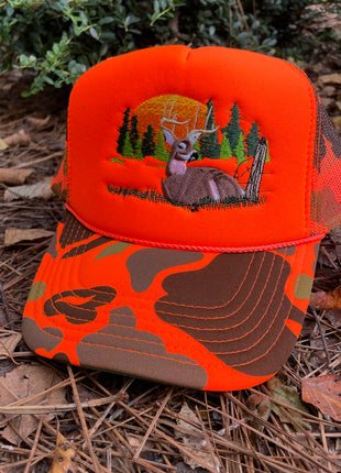 Deer Hunting Season Orange Camo Mesh Trucker Snapback Cap Hat Custom Embroidered