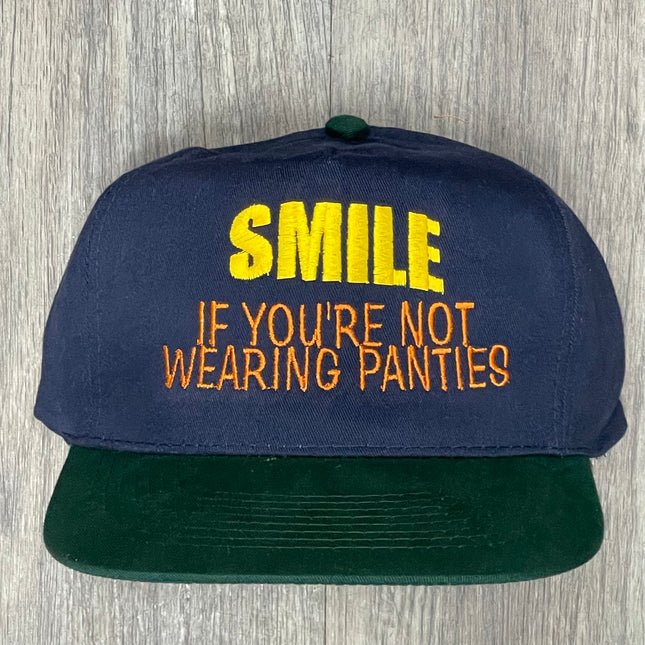 SMILE IF YOUR NOT WEARING PANTIES Vintage Strapback Navy Blue Crown Cap Hat Funny For Him Custom Embroidered