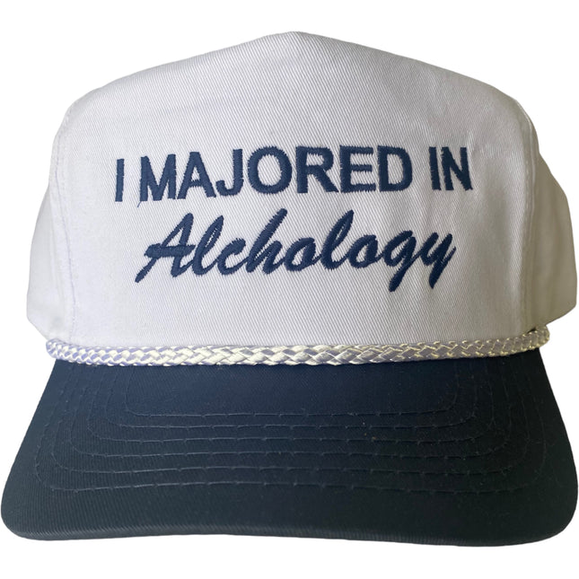 I majored in alchology Vintage Navy Brim SnapBack Hat Cap with rope Custom embroidery