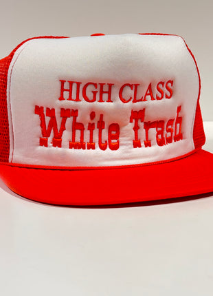 White Trash Made on a 1980s True Vintage Flat Brim Orange Mesh SnapBack Trucker Funny Cap Hat Custom Embroidered