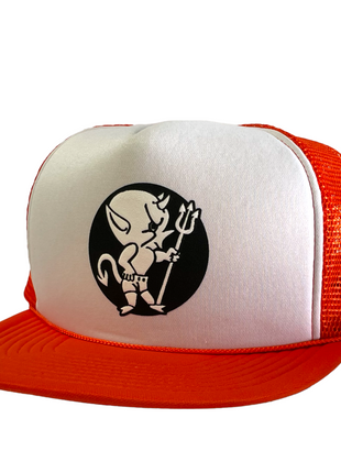Custom Halloween Devil Boy Vintage White Orange Mesh Trucker Snapback Cap Hat print