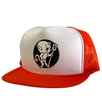 Custom Halloween Devil Boy Vintage White Orange Mesh Trucker Snapback Cap Hat print