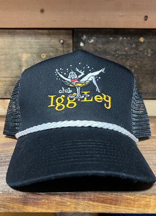 Club Igg-Ley Vintage Black Mesh SnapBack Hat Cap with Black rope Custom Embroidery