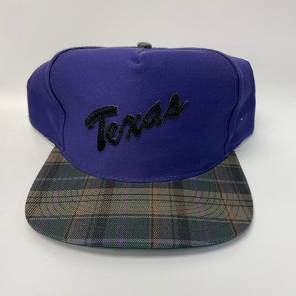 Custom Texas Script Vintage Purple Crown Plaid Brim SnapBack Hat Cap Ready to ship