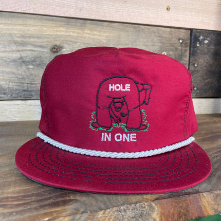 Custom Embroidered Hole in One White Rope Vintage 90s Maroon Golf Strapback Cap Hat