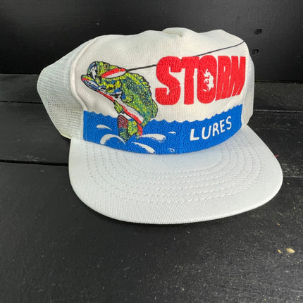 Vintage Storm Lures Fishing White Mesh Snapback Trucker Cap Hat