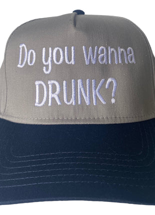 Do you wanna drunk? Tan crown navy brim SnapBack Hat Cap Custom Embroidery