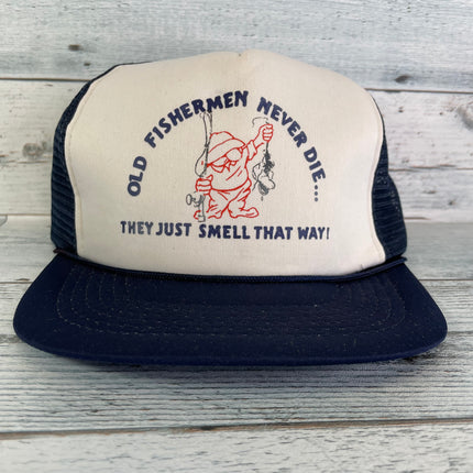 Vintage Old Fisherman Never Die They just Small that way Navy Mesh Trucker SnapBack Hat Cap