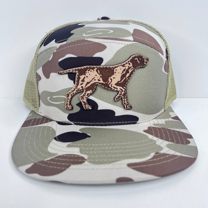 The Leather Head Hat Co Hunting Dog Leather patch 7 Panel Mesh Camouflage SnapBack Hat Cap
