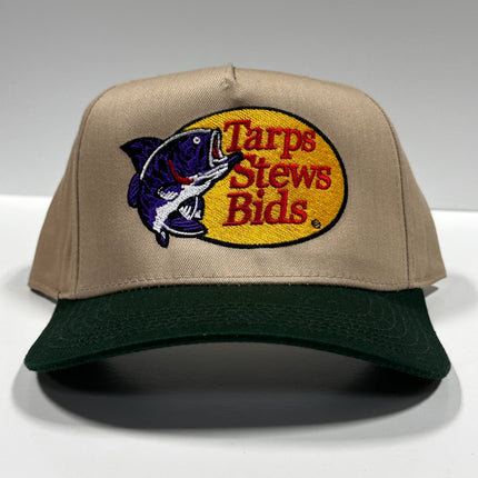 Tarps Stews Bids on a Tan crown Green Brim SnapBack Hat Cap Custom Embroidery