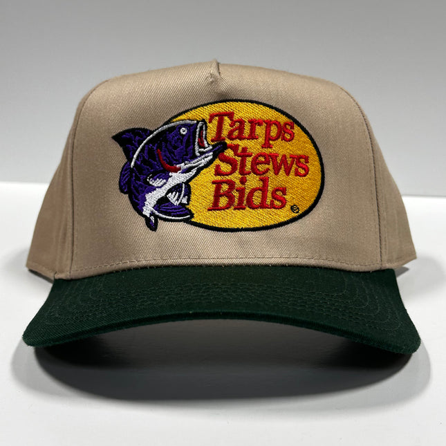 Tarps Stews Bids on a Tan crown Green Brim SnapBack Hat Cap Custom Embroidery