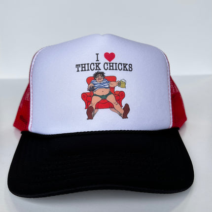 I LOVE THICK CHICKS Drinking Beer Red Mesh Funny Trucker Hat SnapBack Cap Collab Robbie Rogers Instagram YouTube and TikTok Creator Merch
