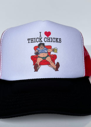 I LOVE THICK CHICKS Drinking Beer Red Mesh Funny Trucker Hat SnapBack Cap Collab Robbie Rogers Instagram YouTube and TikTok Creator Merch