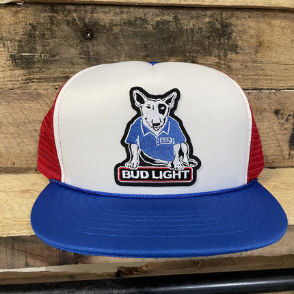 Custom Spuds MacKenzie Bud light Dog Vintage White Crown Blue Brim Red Mesh Trucker Snapback Cap Hat( ready to ship)