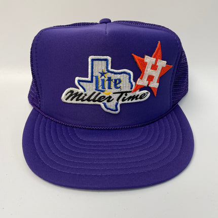 Custom Houston Astros Miller Lite Vintage Purple Rope Mesh Trucker SnapBack Hat Cap Ready to ship