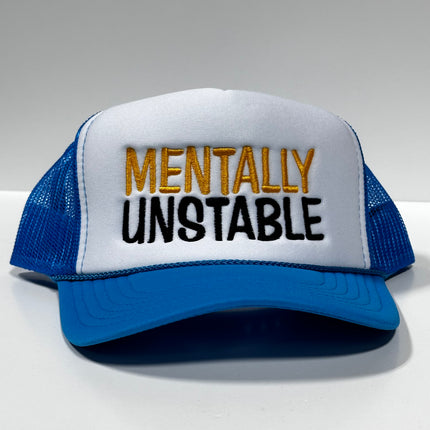 Mentally Unstable (yellow) Vintage Blue Mesh Trucker Snapback Hat Cap Custom Embroidery