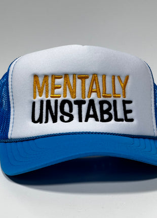 Mentally Unstable (yellow) Vintage Blue Mesh Trucker Snapback Hat Cap Custom Embroidery
