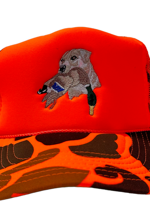 Lab Duck in Mouth Hunting Orange Camo Cap Hat Custom Embroidered