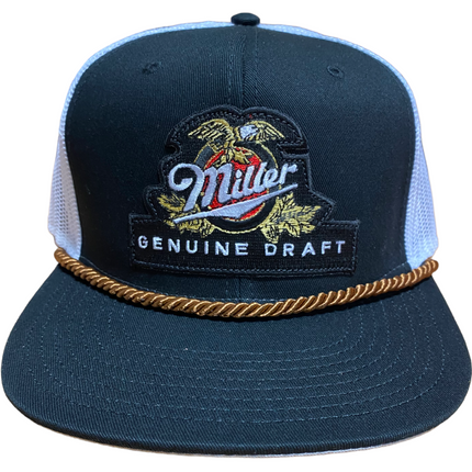Custom Miller Beer Vintage Black Crown White Mesh Snapback Hat Cap with Brown Rope