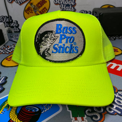 Custom Bass Pro Sticks Vintage Neon Yellow Mesh Snapback Hat Cap
