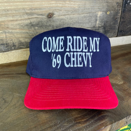 COME RIDE MY 69 CHEVY Funny Vintage Strapback Cap Hat Custom Embroidered