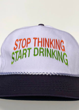 Stop Thinking Start Drinking Custom Embroidered Rope white/navy SnapBack hat cap vintage