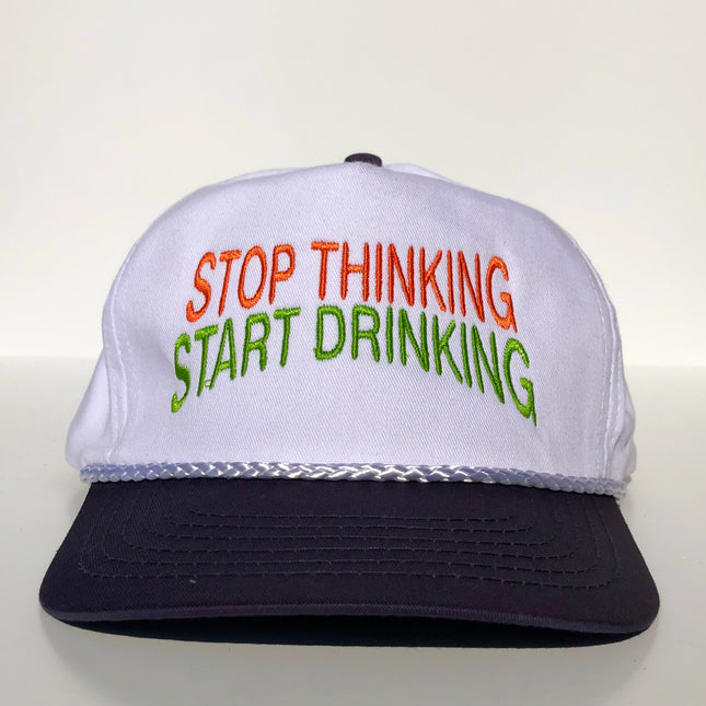 Stop Thinking Start Drinking Custom Embroidered Rope white/navy SnapBack hat cap vintage
