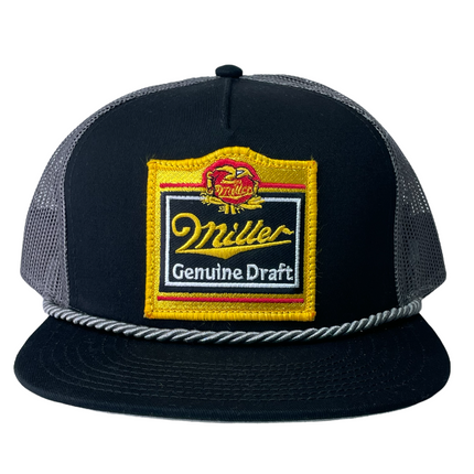Custom Miller Genuine Draft Beer patch Vintage Black Gray Mesh Snapback Hat Cap with Rope
