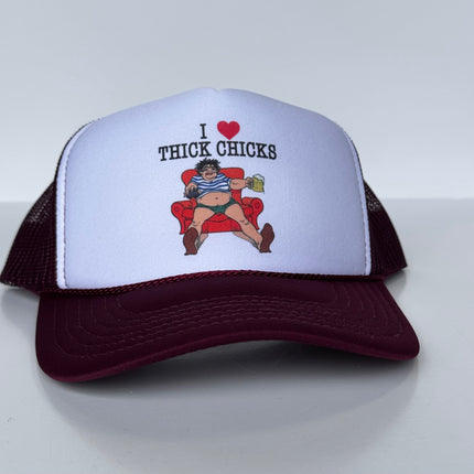 I LOVE THICK CHICKS Drinking Beer Maroon Mesh Inappropriate Trucker Hat SnapBack Cap Collab Rowdy Roger Instagram YouTube and TikTok Creator Merch