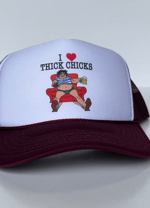 I LOVE THICK CHICKS Drinking Beer Maroon Mesh Inappropriate Trucker Hat SnapBack Cap Collab Rowdy Roger Instagram YouTube and TikTok Creator Merch