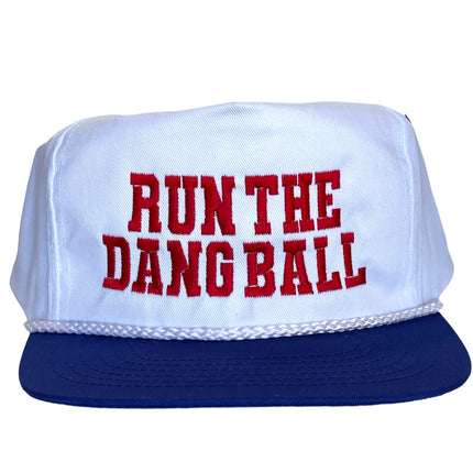 RUN THE DANG BALL Red and Blue on a Vintage Rope Blue Brim Snapback Cap Hat Custom Embroidered