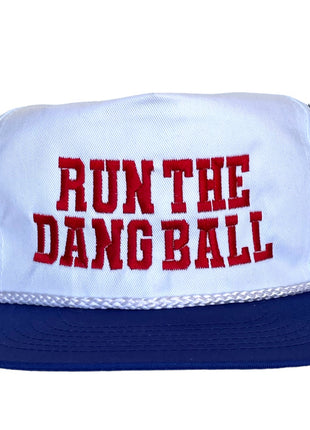 RUN THE DANG BALL Red and Blue on a Vintage Rope Blue Brim Snapback Cap Hat Custom Embroidered