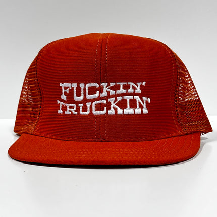 Fn Truckin white on Vintage Burnt Orange Mesh Trucker Snapback Hat Cap Custom Embroidery