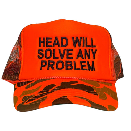 Head Will Solve Any Problem Vintage Orange Camo Mesh Trucker SnapBack Hat Cap Custom Embroidery