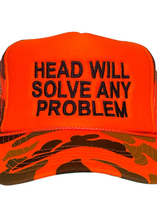 Head Will Solve Any Problem Vintage Orange Camo Mesh Trucker SnapBack Hat Cap Custom Embroidery